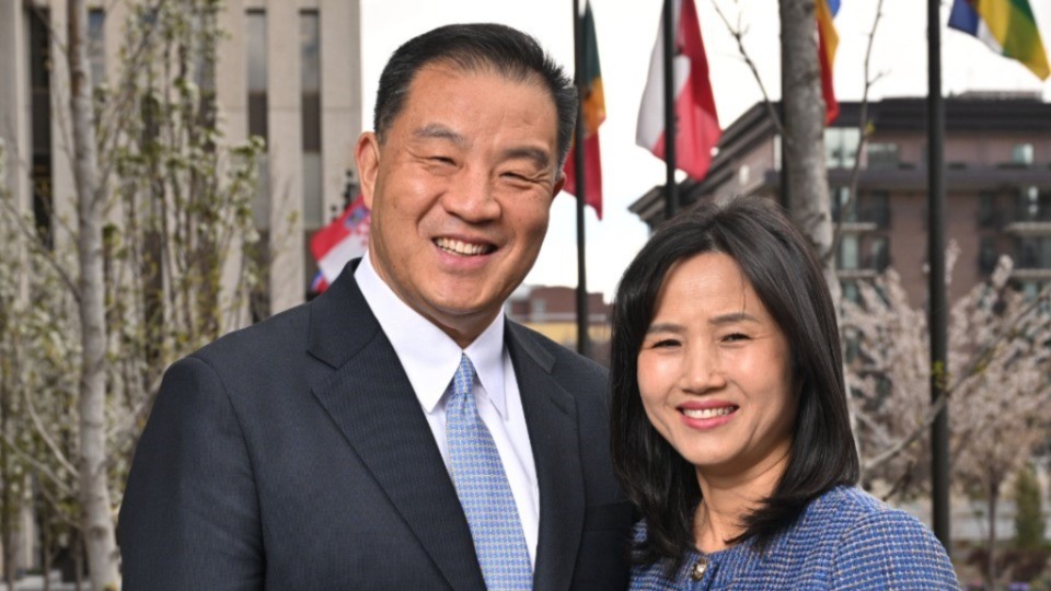 Elder Christopher H. Kim and his wife Seongmi (Sue). Courtesy of Church News. 2024 Deseret News Publishing Company.